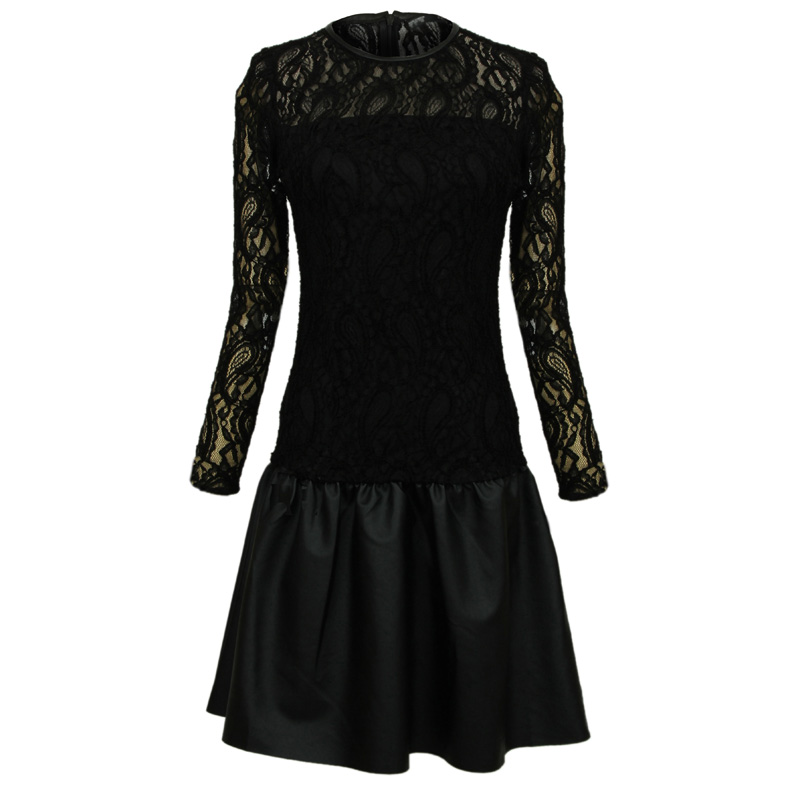 2013 spring new arrival lace patchwork water washed leather beautiful sexy female long-sleeve dress