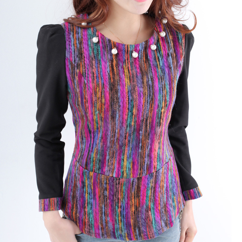 2013 spring new arrival ladies slim beading patchwork puff sleeve blending woolen top female zb545