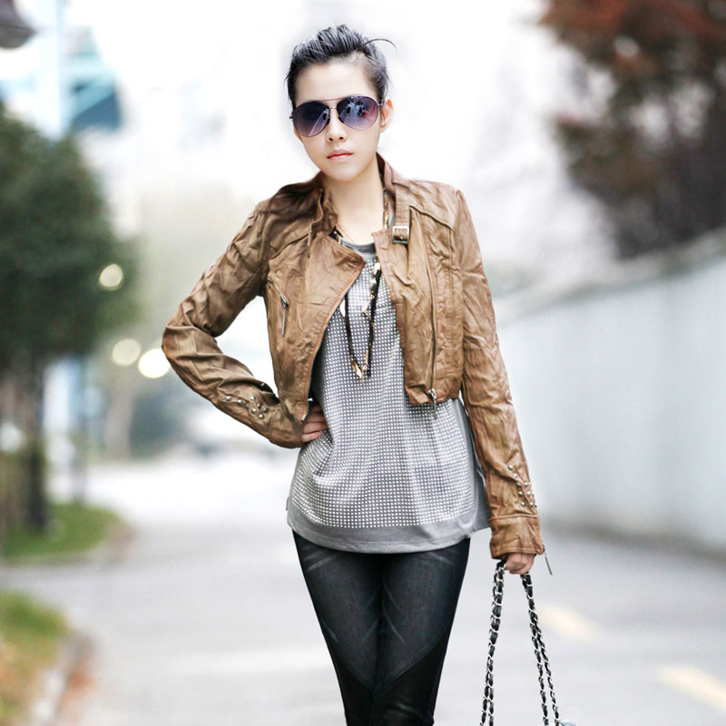 2013 spring new arrival motorcycle ultra-short pleated slim paragraph rivet PU clothing outerwear female 114