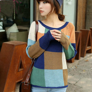 2013 spring new arrival o-neck loose colorful plaid basic knitted sweater shirt outerwear