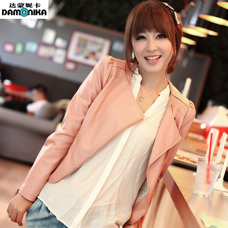 2013 spring new arrival o-neck water wash PU jacket women's slim short design leather clothing outerwear