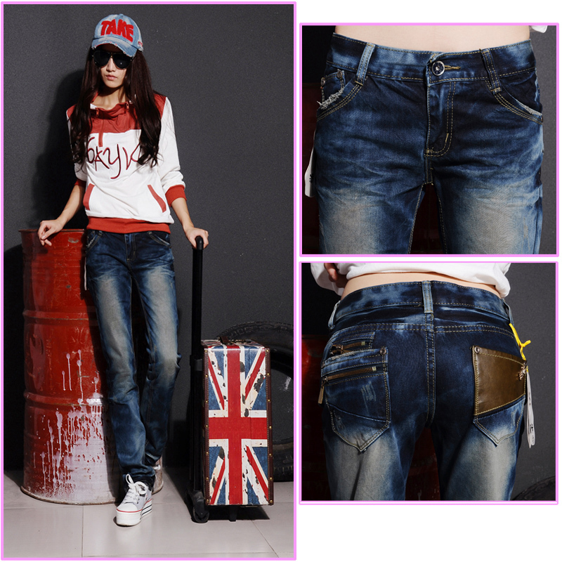 2013 spring new arrival plus size blue casual jeans female straight pants female trousers