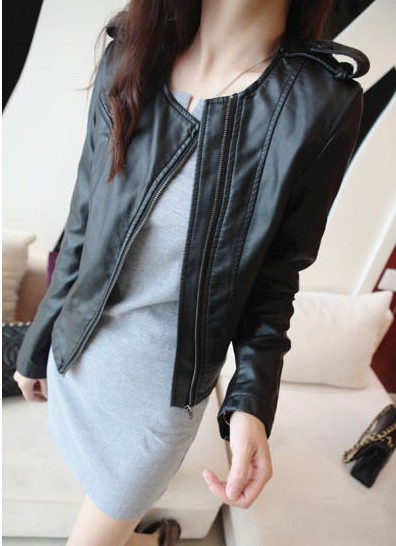 2013 Spring new arrival pu leather jacket for lady, black brief long sleeve o-neck pu slim jacket, fashion locomotive suit