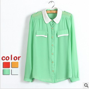 2013 spring new arrival shirt all-match elegant color block small lapel long-sleeve epaulette chiffon long-sleeve shirt  A2045