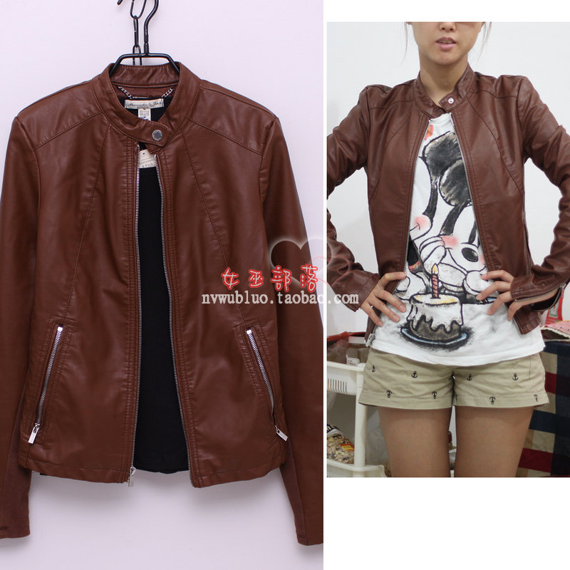 2013 spring new arrival single stand collar slim PU water washed leather clothing outerwear female high quality