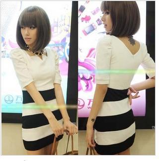 2013 spring new arrival stripe patchwork slim puff sleeve one-piece dress