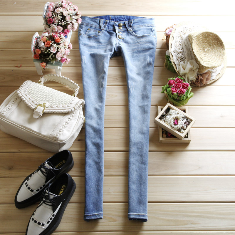 2013 spring new arrival water wash nostalgic wearing white buttons women's trend skinny pants pencil pants jeans