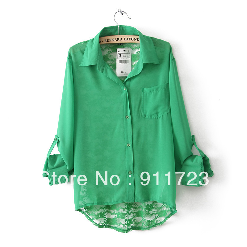 2013 Spring New Arrival Western Style Fashion Chiffon Shirt With Lace/ Womens Long Sleeve Shirt Free Shipping