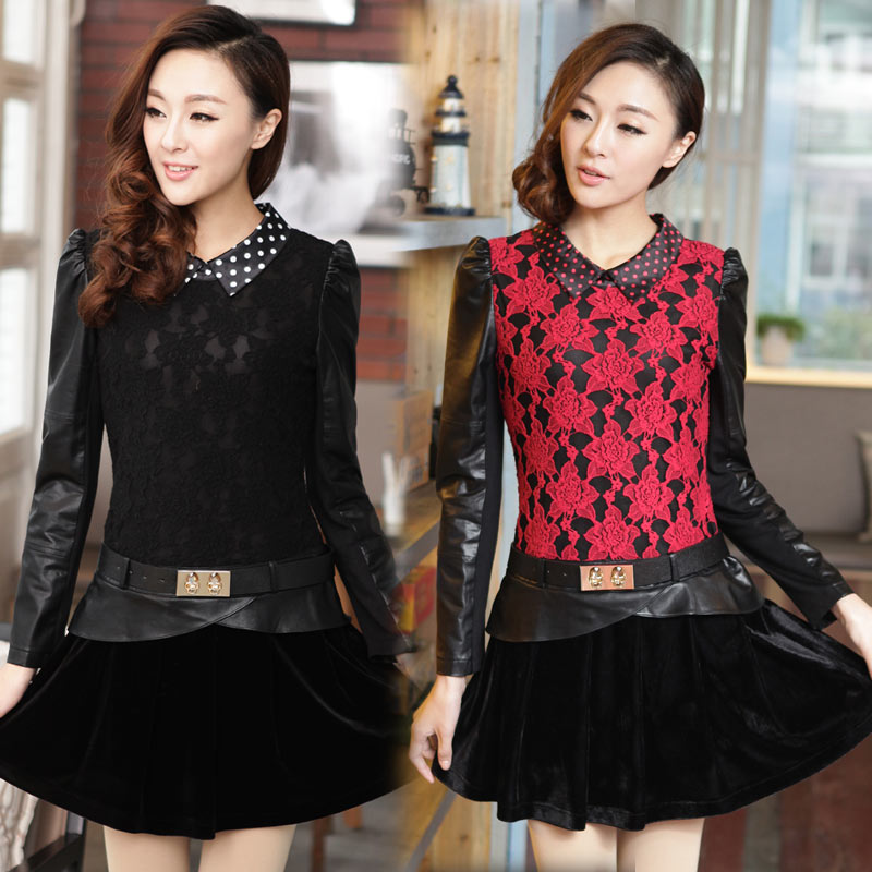 2013 spring new arrival women's fashion leather patchwork lace rose cascading 223 one-piece dress