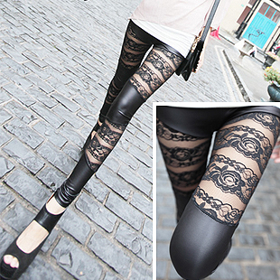 2013 spring new arrival women's fashion pencil faux leather pants patchwork lace legging trousers