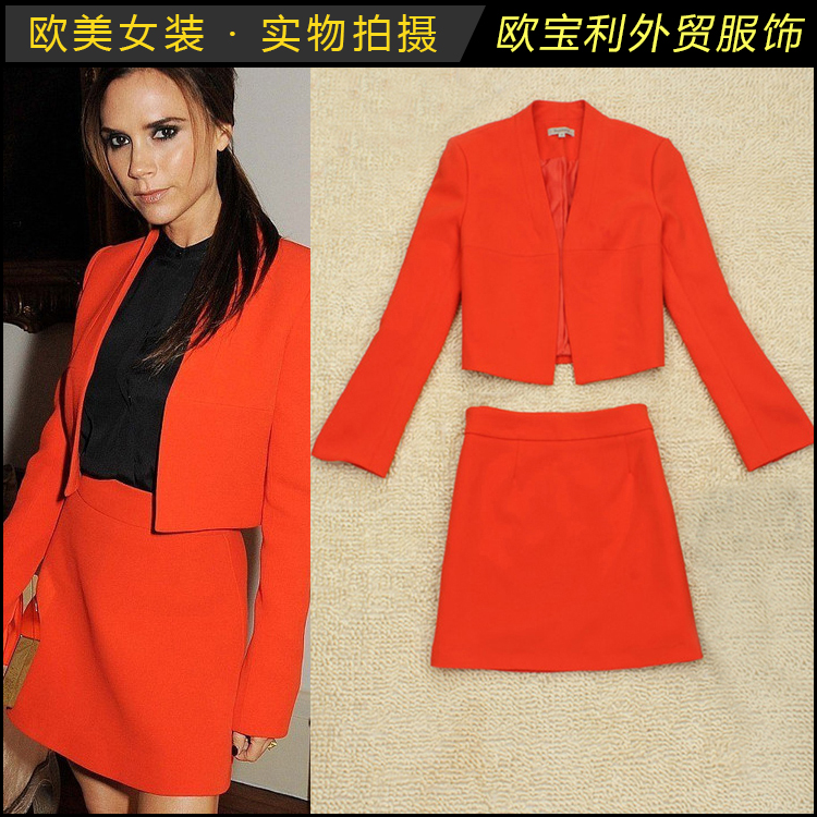 2013 spring new arrival women's fashion star victoria orange ol blazer half-skirt set