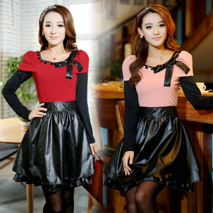 2013 spring new arrival women's knitted leather large skirt faux two piece patchwork long-sleeve dress