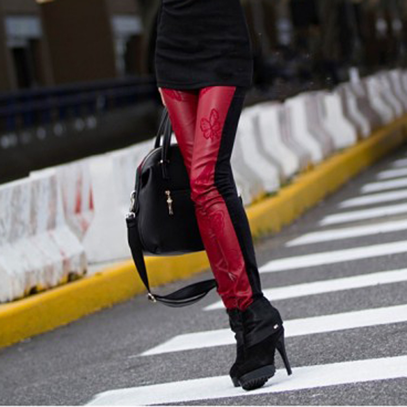 2013 spring new arrival women's maroon butterfly embroidery leather black velvet legging pants