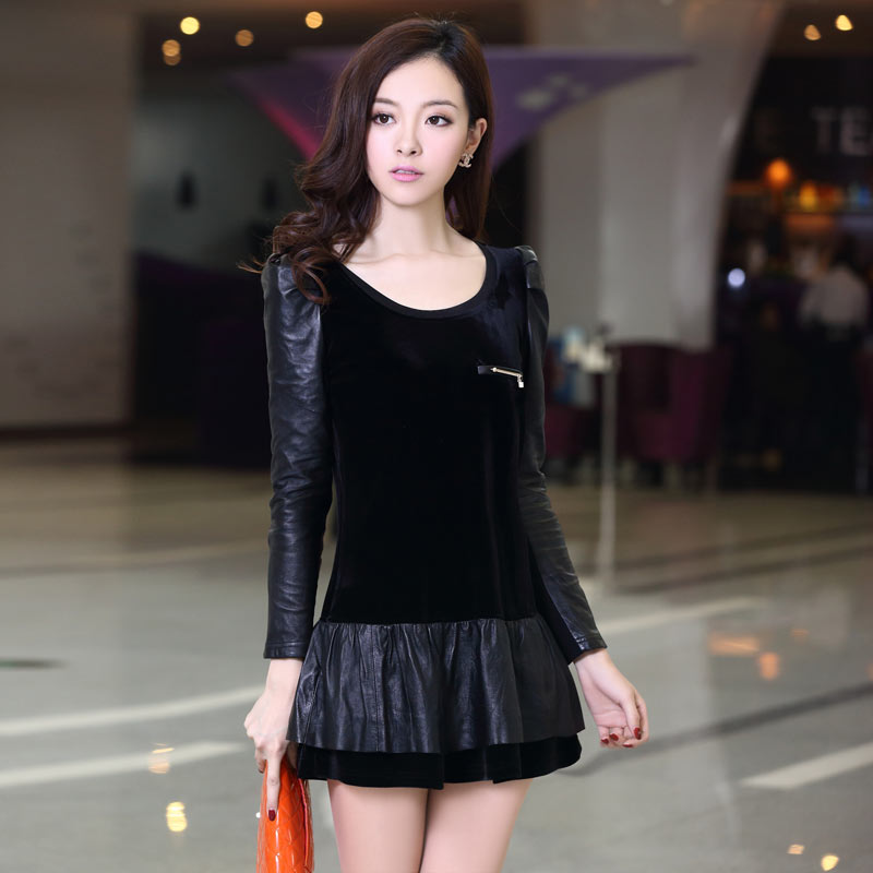 2013 spring new arrival women's patchwork leather PU water washed velvet long-sleeve basic skirt dress 412 Free Shipping