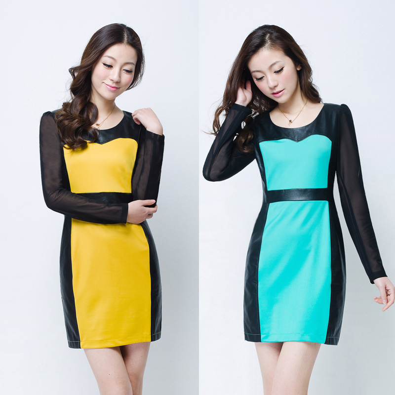 2013 spring new arrival women's spring color leather long-sleeve chiffon sleeve slim one-piece dress