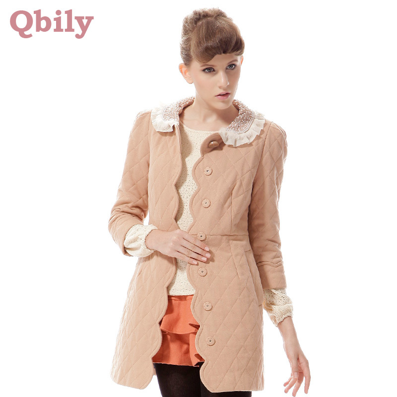 2013 spring new arrival women's sweet peter pan collar ruffle three quarter sleeve medium-long cotton-padded coat