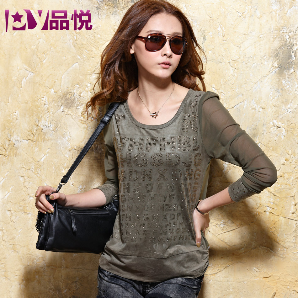 2013 spring new arrival women's the trend of faux leather goatswool gauze loose long-sleeve T-shirt basic shirt 9255