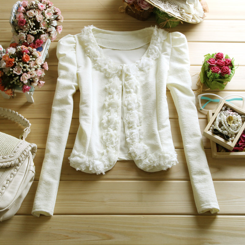 2013 spring new arrival Women sweet princess fashion puff sleeve long-sleeve cardigan lace decoration design short outerwear