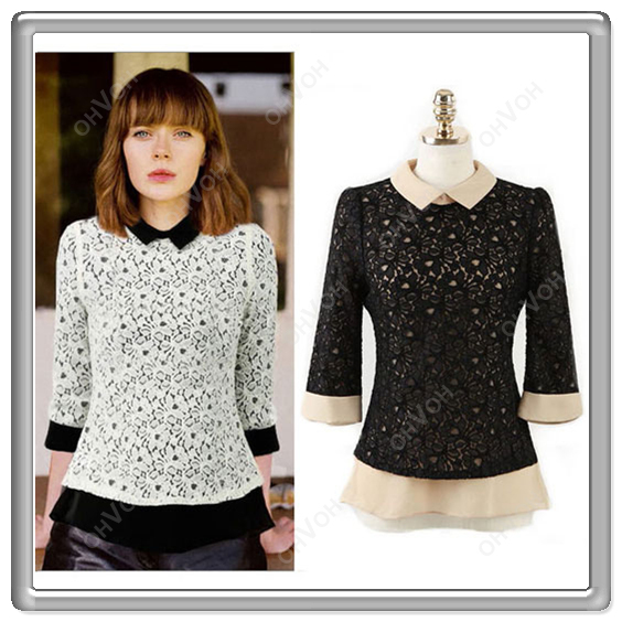 2013 spring new Europe and America lace hollow Chiffon hit color lapel temperament women bottoming shirt