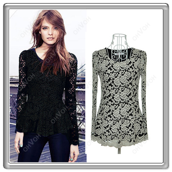 2013 spring new Europe and America Women Lace Sheer Long Sleeve Peplum Jumper Top Blouse