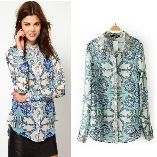 2013 Spring New Europe And The United States Rivets Lapel Printing Loose Chiffon Blouses Shirts