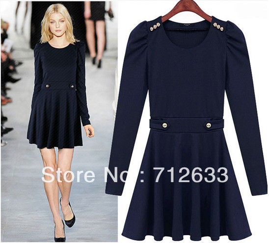 2013 spring new fashion hubble-bubble sleeve nip-waisted long-sleeved round collar cultivate one's morality dress Free shipping