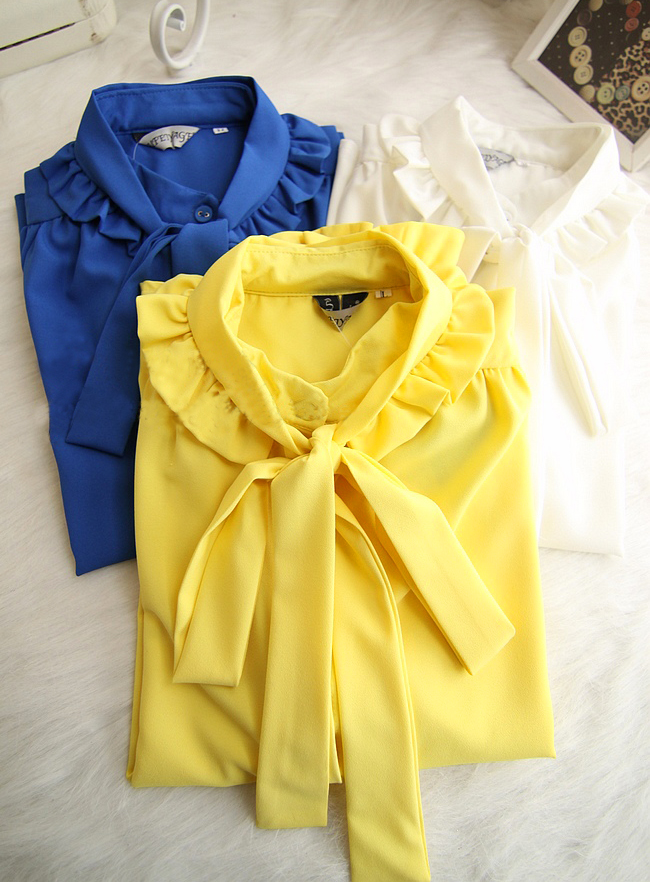 2013 SPRING NEW FASHION STAND COLLAR RUFFLE BELT CANDY COLOR CHIFFON LONG-SLEEVE SHIRT FREE SHIPPING