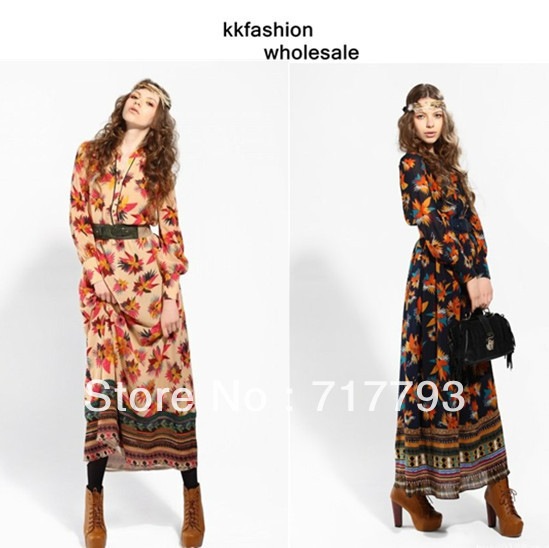 2013 Spring New Fashion Western Women Restore Ethnic Style Maple Big Flower Pattern With Belt Long Sleeve Dress Free Shipping