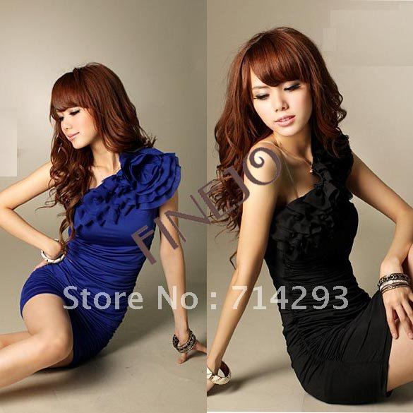 2013 Spring New free shipping Womens One Shoulder Sexy Wrinkle mini Chiffon Dress 2 colors 3593