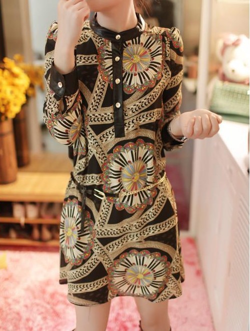 2013 spring new Korean wild fight leather printing loose long-sleeved head Chiffon Dress Female