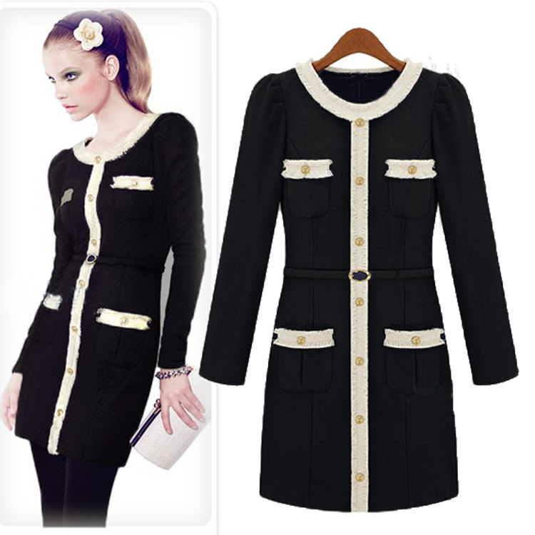 2013 spring new listing fashionable button pockets design long sleeve knitted cotton high quality female dress free shipping