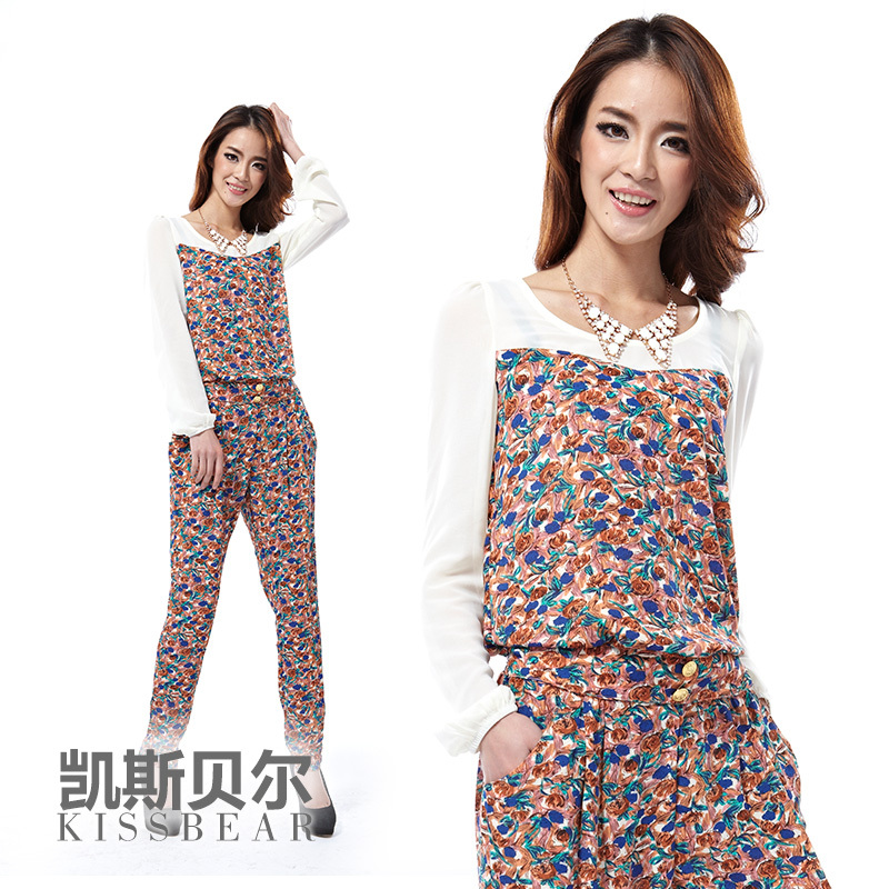 2013 spring new senior Chiffon Floral stitching piece pants jumpsuit KSLG155D7133