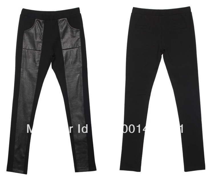 2013 spring new thick velvet elastic pencil pants stitching PU leather pants Leggings