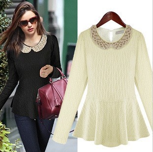 2013 spring new women pearl decorated collar waist long-sleeved T-shirt bottoming shirt Women