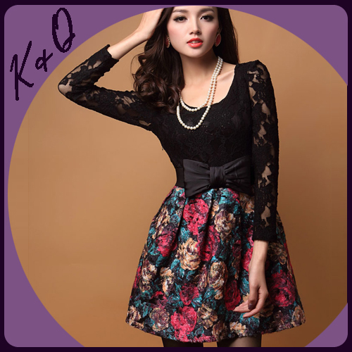 2013 Spring Newest Factory Dropshipping Floral Printed Dress Patched Lace long sleeve dress