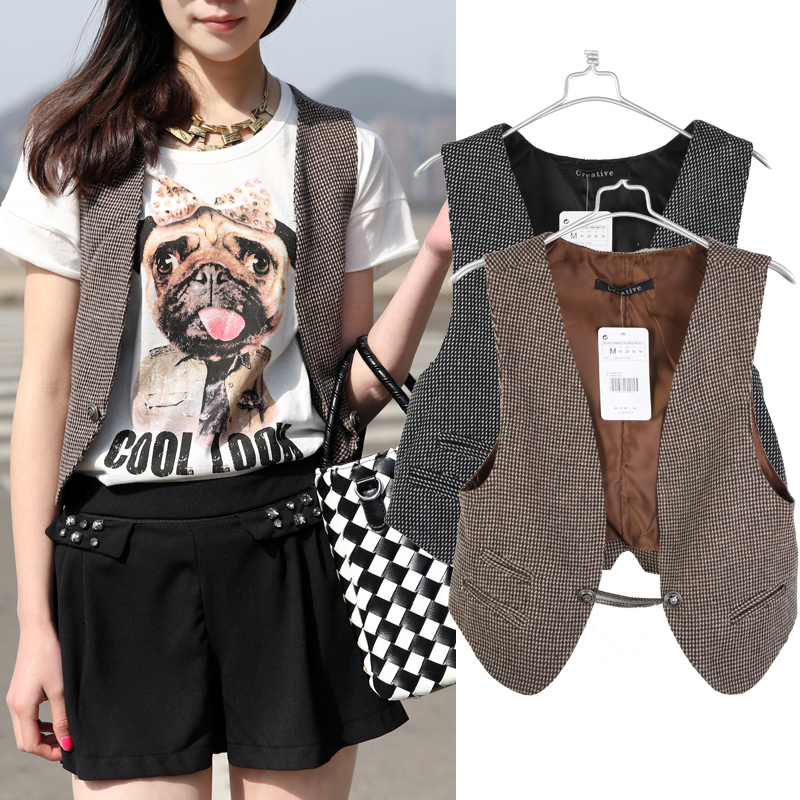 2013 spring normic french vintage fashion vest one button handsome fashion plaid vest female 2