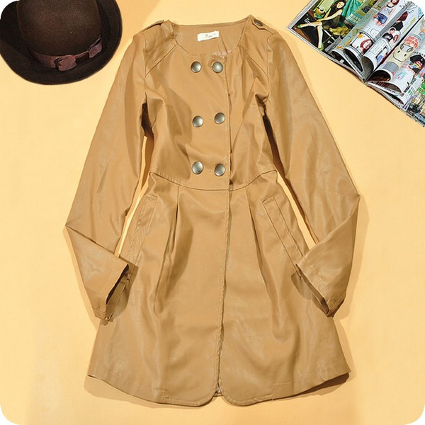 2013 spring o-neck long-sleeve double breasted leather trench outerwear women's khaki black