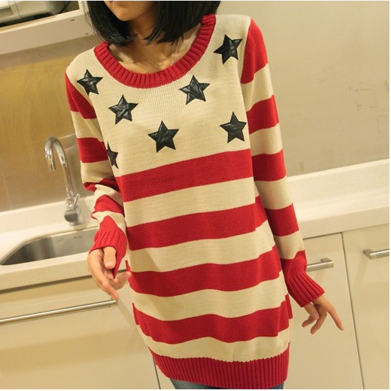 2013 spring o-neck loose stripe five-pointed star pattern medium-long sweater