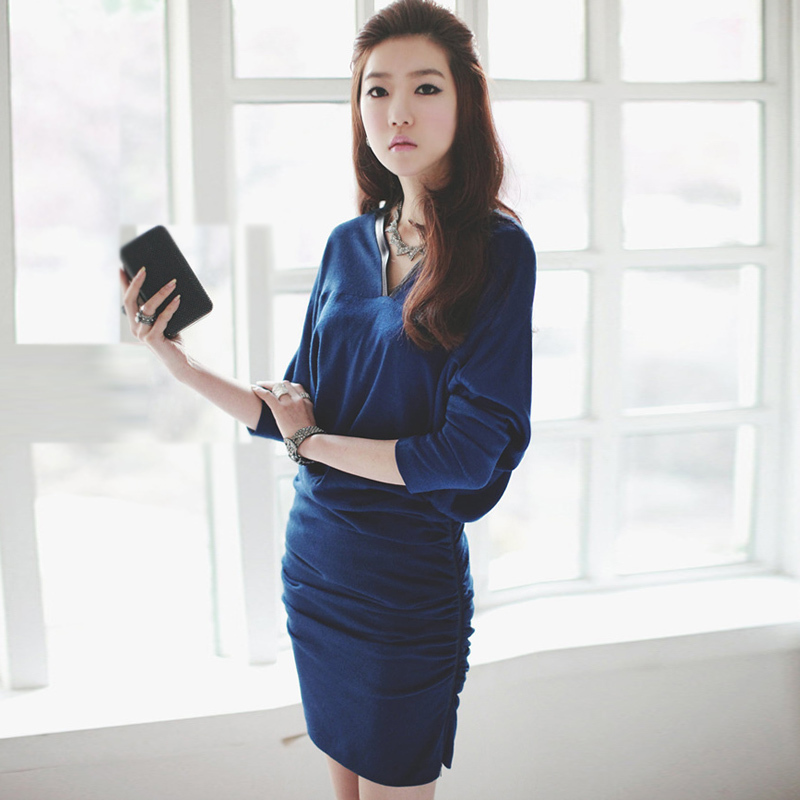 2013 spring ol loose leather V-neck ruffle zipper slim hip batwing sleeve one-piece dress