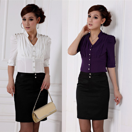 2013 spring ol shirt set skirt fashion epaulette puff sleeve half sleeve shirt women's