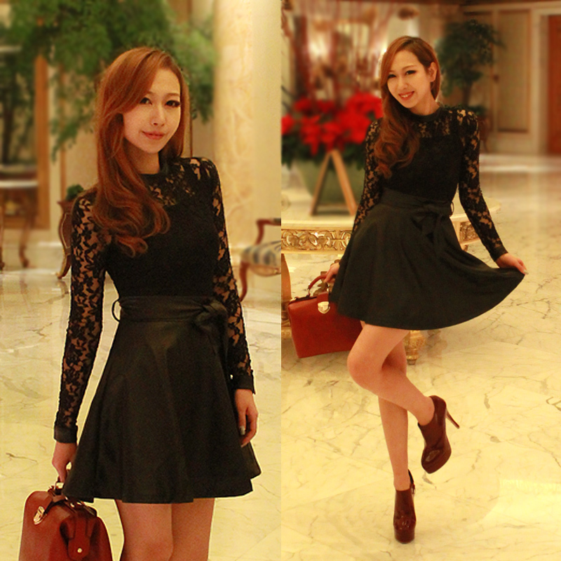 2013 spring one-piece dress fashion lace skirt PU puff skirt high waist black leather skirt female