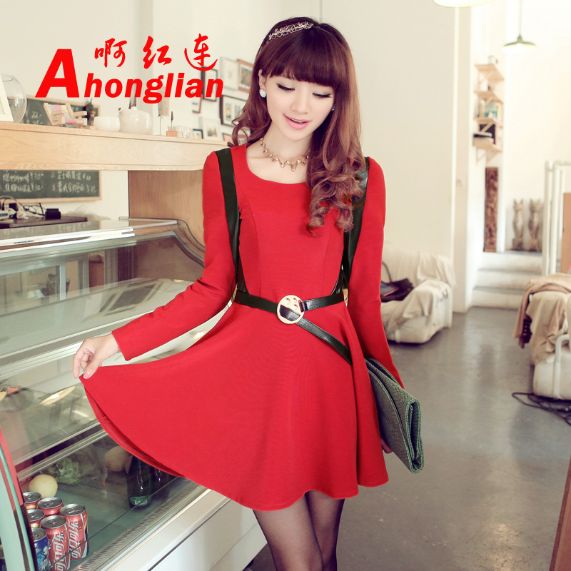 2013 spring one-piece dress leather patchwork skirt slim dress