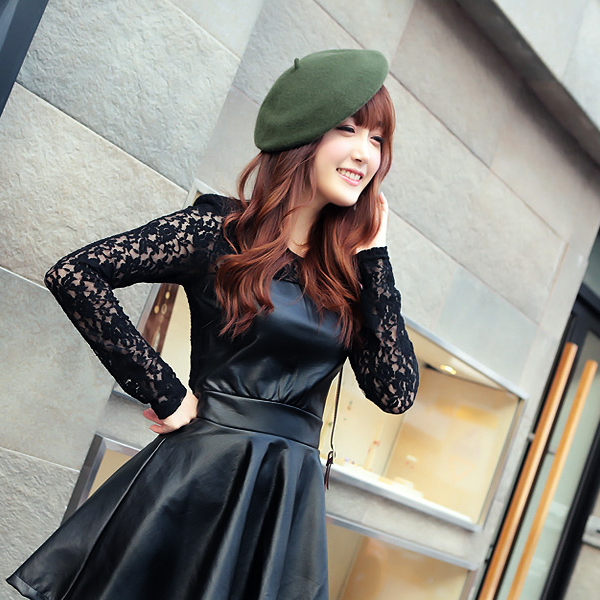 2013 spring one-piece dress long-sleeve dress slim basic lace faux leather slim waist plus size clothing female