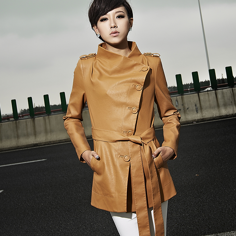 2013 spring outerwear fashion women's leather clothing female long design slim PU trench 21f3699