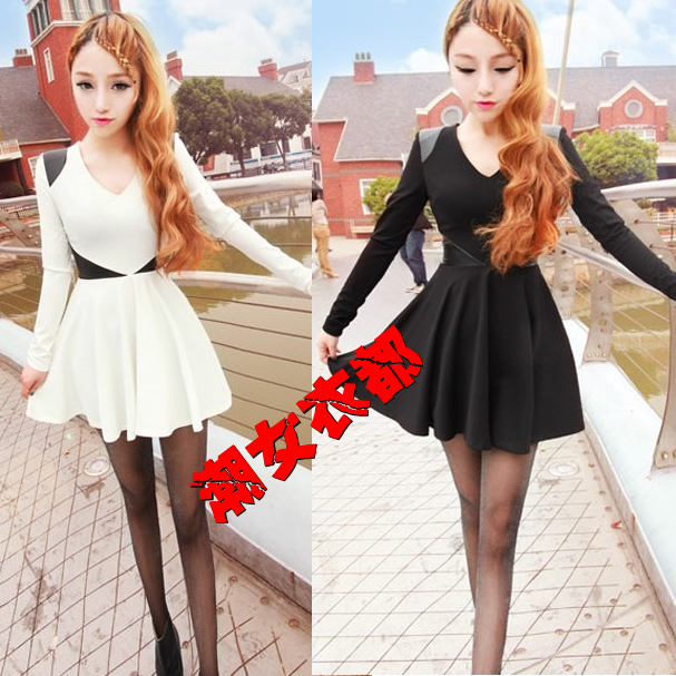 2013 spring patchwork leather elegant V-neck princess long-sleeve basic slim one-piece dress