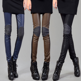 2013 spring patchwork PU faux leather pants pencil pants elastic waist trousers boot cut jeans legging