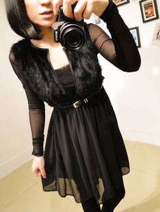 2013 spring patchwork rabbit fur patchwork knitted slim waist chiffon one-piece dress twinset