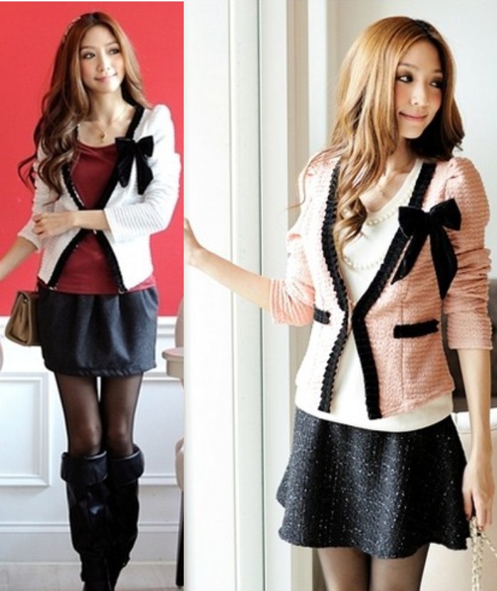 2013 spring patchwork V-neck border puff sleeve bow coat women's slim short jacket