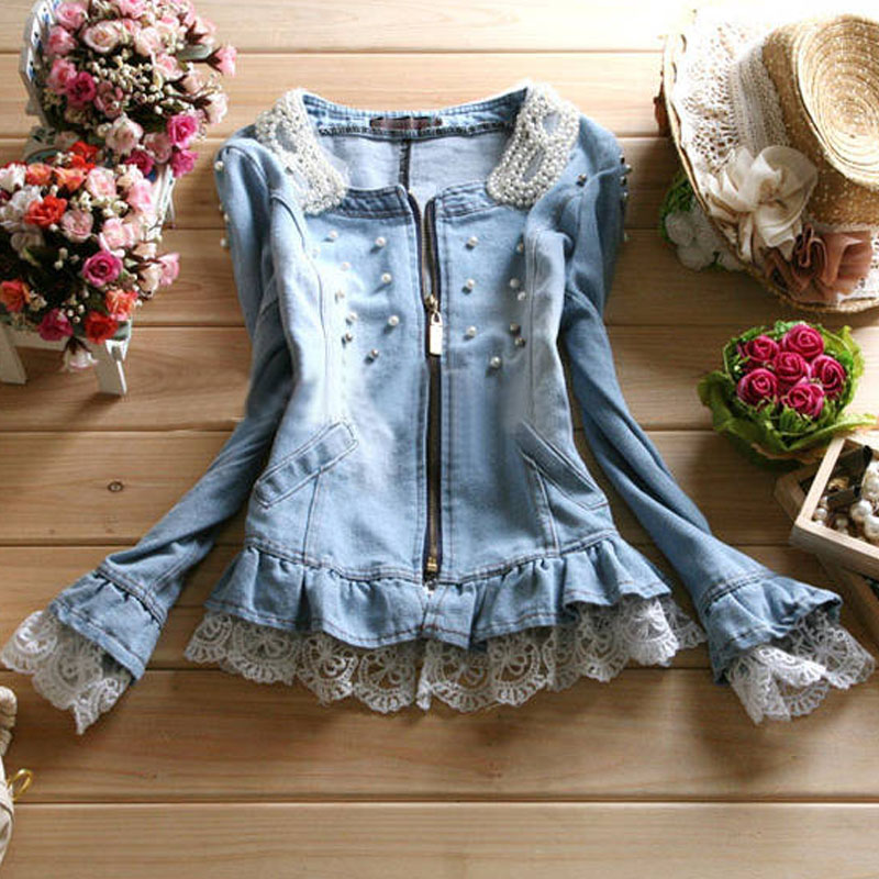 2013 spring pearl buckle long-sleeve Women thin denim top women's plus size denim outerwear coat