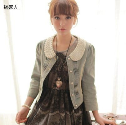 2013 spring pearl peter pan collar water wash retro finishing vintage all-match slim short design denim outerwear female